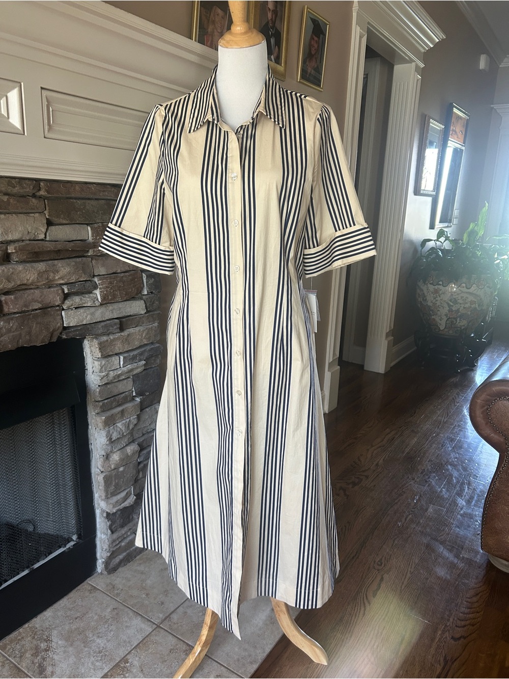 Tahari Cream and Navy Vertical Stripe Button-Up Dress